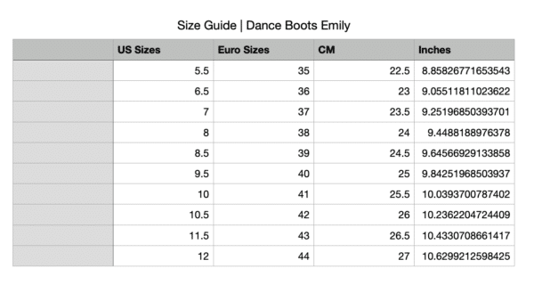 Sizing guide dance boots