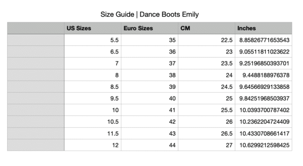 Guía de tallas de botas de danza