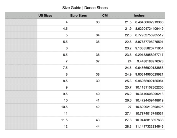 Guide des tailles pour les chaussures de danse pour femmes
