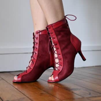 red satin and leather dance boots