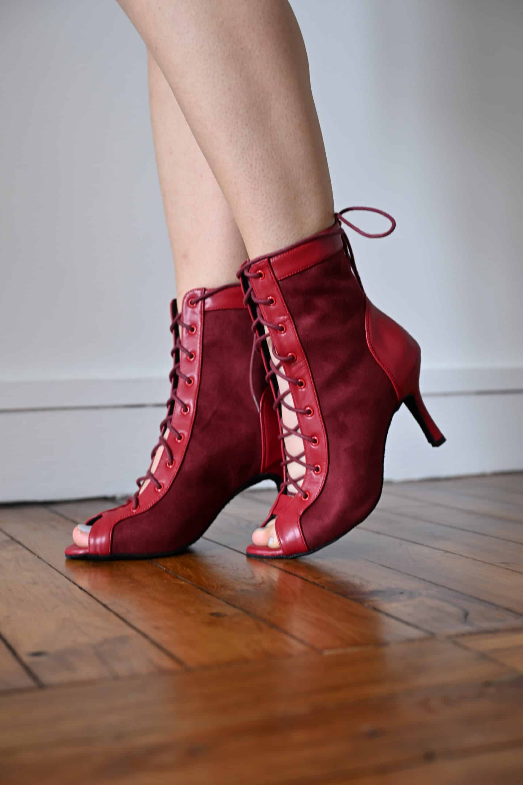 red dancing boots with satin and PU leather material