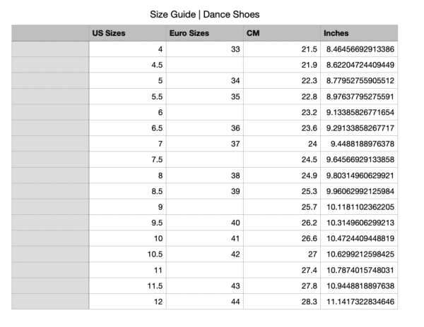 sizing guide dance shoes