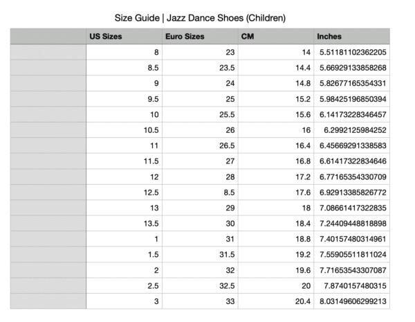 Children Size Guide Shoes for Jazz Dance