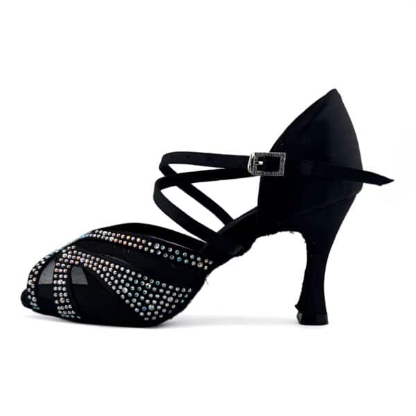 black dance shoes with rhinestones and 2 3/4 inches flare heels